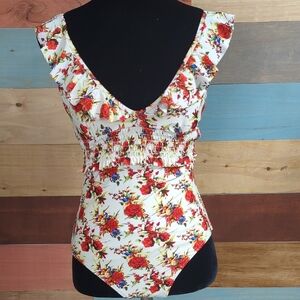 Cupshe Floral One Piece with Ruffle in Red and White